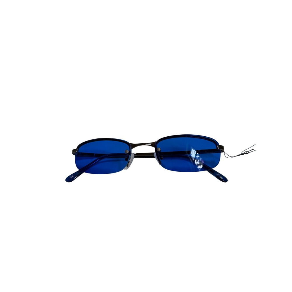 Vintage Y2K Blue Tint Sunglasses Narrow Rectangular Gunmetal Wire Frame Shades